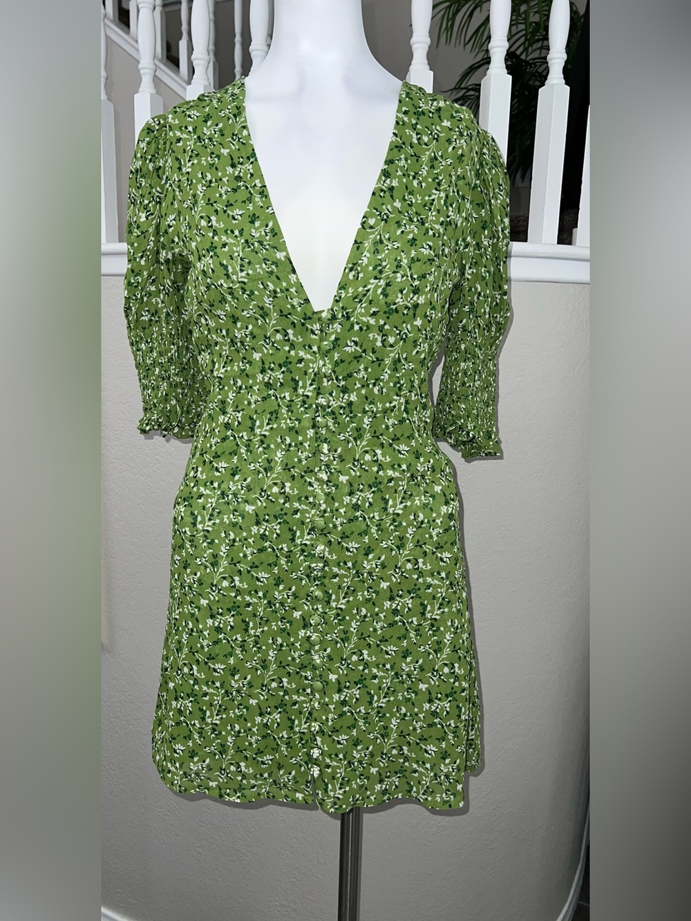 Reformation Green Floral V-Neck Mini Dress